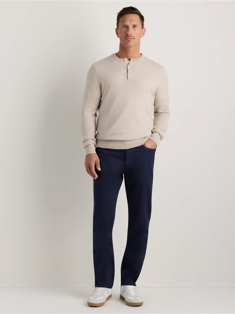 QUINCE Men’s Mongolian Cashmere Henley Sweater - Heather Cloud Beige - XL